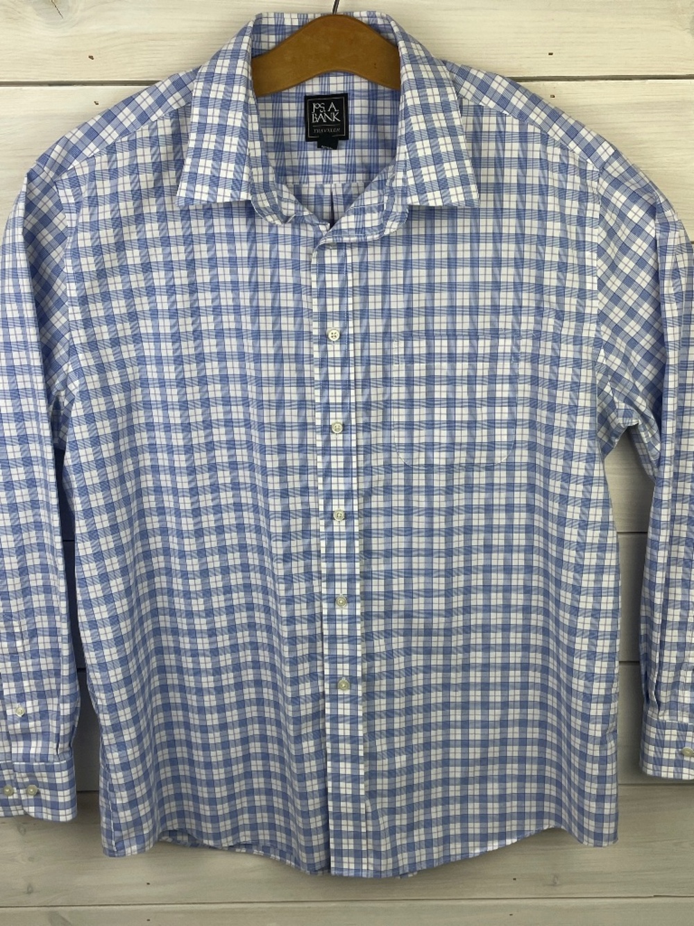 Jos A Bank Traveler Blue White Check Long Sleeve Mens Button-up Shirt Size XL